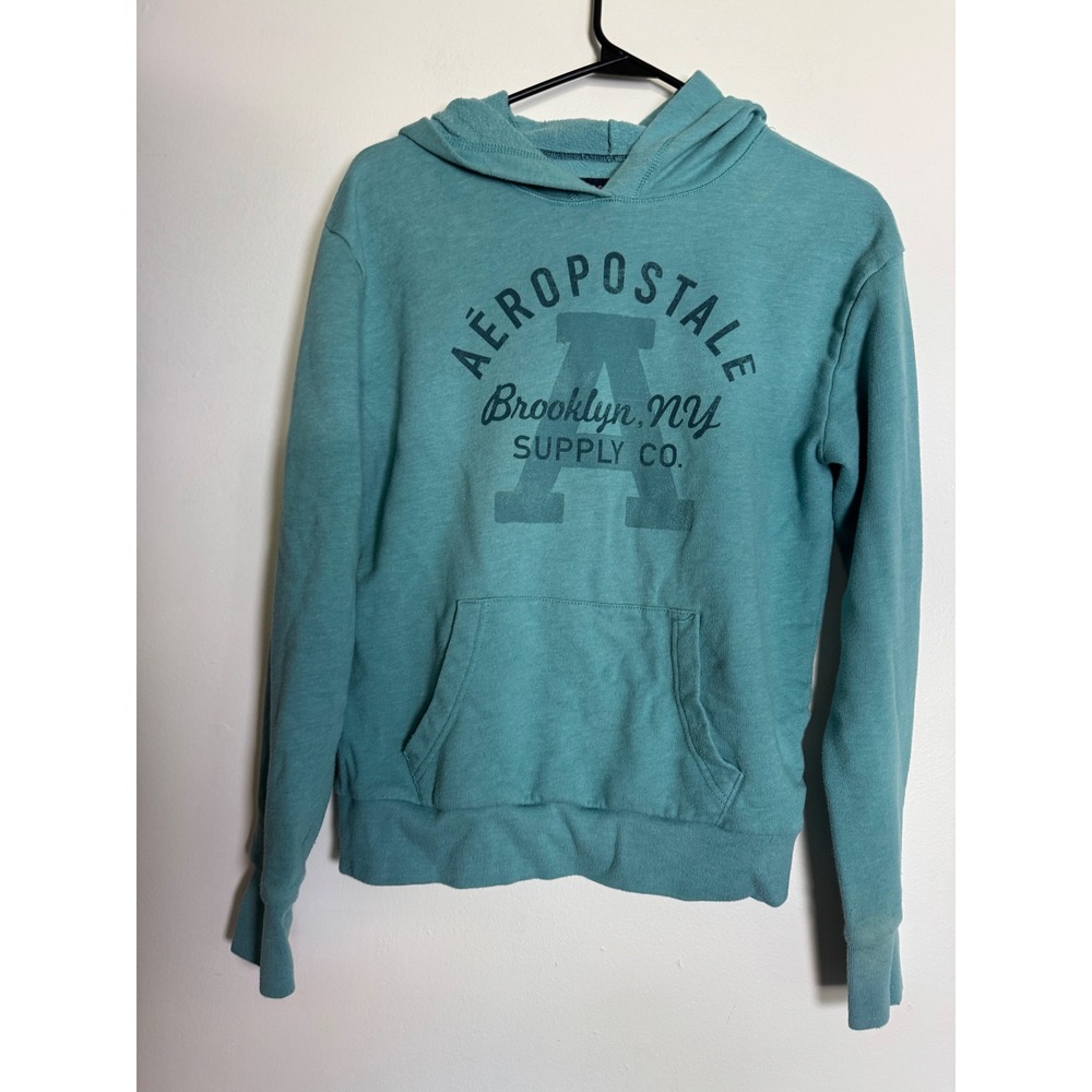 Aeropostale Brooklyn NY Graphic Hoodie Teal Blue Pullover Sweatshirt Small